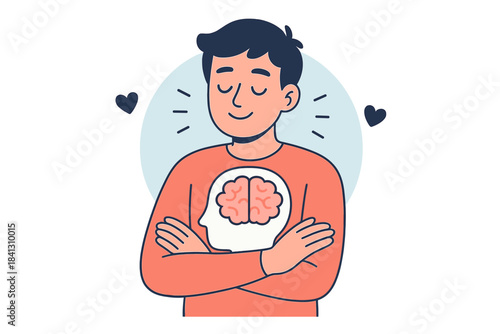Smiling person hugging their brain symbolizing self-acceptance and mental well-being