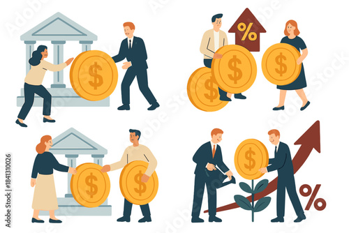 Business people managing financial investments, savings, and wealth with dollar coins and growth symbols