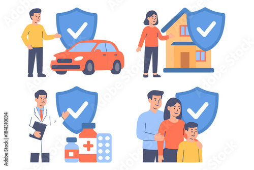 Insurance concepts set covering auto, home, health, and family protection services