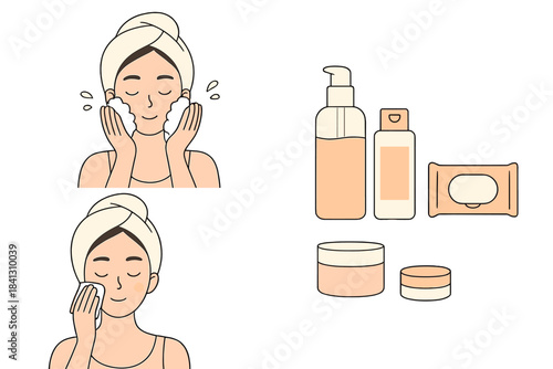 Woman performing facial skincare routine with various cosmetic product containers
