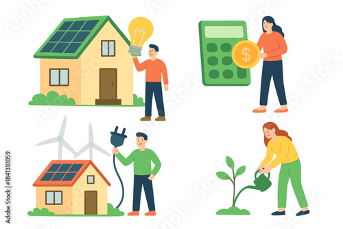 Sustainable lifestyle concepts with solar energy, wind power, financial savings, and environmental care