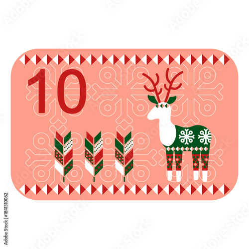 Red, green and pink Norwegian advent calendar illustration in flat vector style with celebrate symbol and ethnic ornament. Deer
