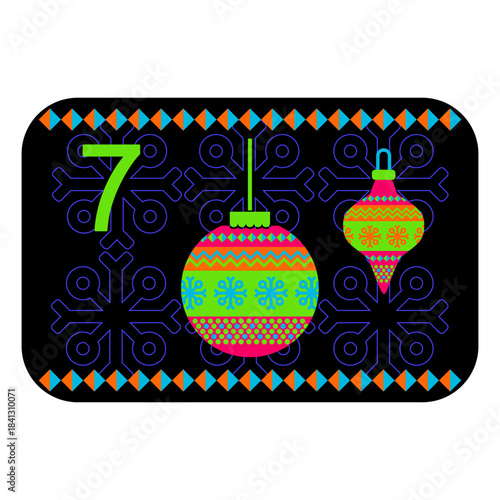 Neon colors Norwegian advent calendar illustration in flat vector style with celebrate symbol and ethnic ornament. Tree toys