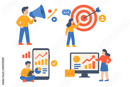 Business people analyzing financial data, setting marketing goals, and planning promotion strategy