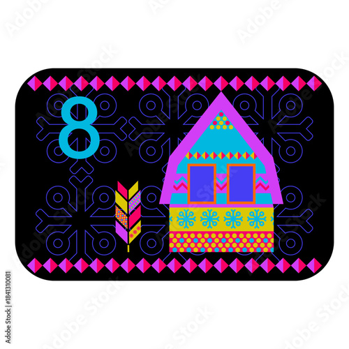 Neon colors Norwegian advent calendar illustration in flat vector style with celebrate symbol and ethnic ornament. Gingerbread house