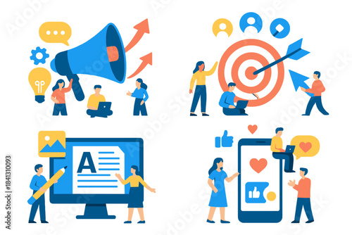 Business promotion and content strategy concepts with people achieving goals and engaging on social media
