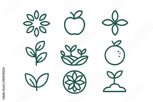 Minimalist outline symbols for organic food, natural growth, farming, ecology, and healthy living