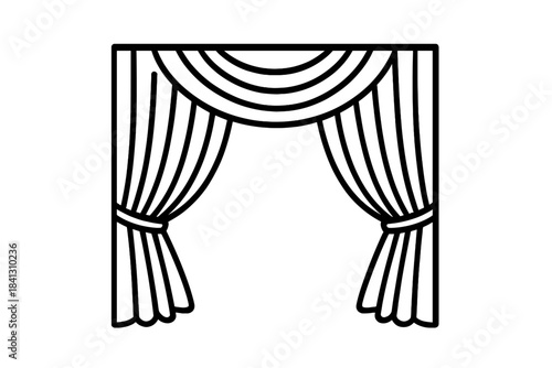 Outline drawing of classic theater stage curtains tied back featuring a decorative valance