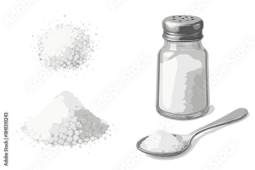 Collection of white granular salt in a glass shaker, on a spoon, and in piles
