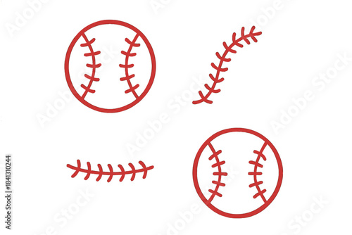 Simple graphic baseball icons and separate red stitching elements for sports design
