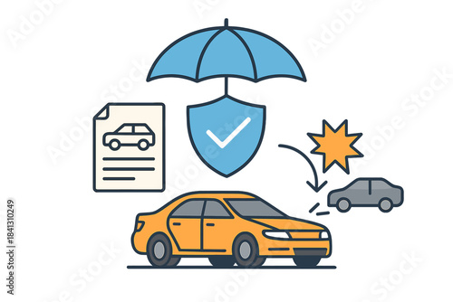 Automobile insurance policy document with accident protection and vehicle coverage symbols