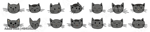 Hand drawn cat muzzle clipart. Cute pet face doodle set