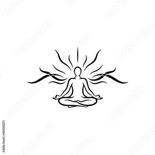 Stylized person meditating in lotus pose with radiating spiritual energy lines, promoting mindfulness, tranquility, and wellness isolated on transparent background