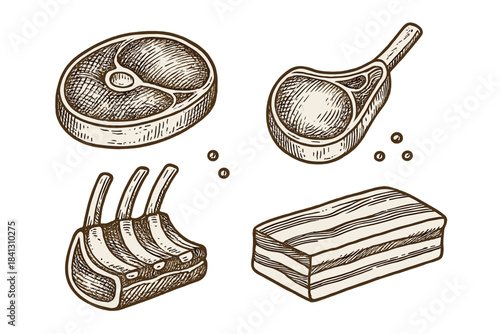 Assortment of raw meat cuts including beef steak, lamb chops, pork ribs, and bacon
