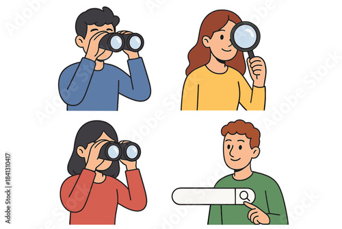Diverse people searching and observing using binoculars, magnifying glass, and digital search bar