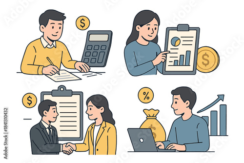 Business people analyzing financial data, calculating expenses, and finalizing a deal