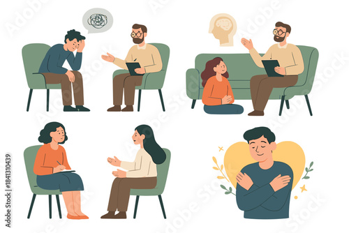 Diverse people seeking mental health therapy sessions, counseling, and practicing self-care concepts