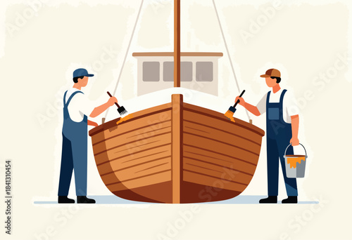 Two workers paint a wooden boat, one with a bucket of paint