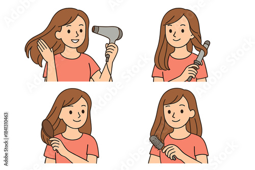 Woman performing hair care routine steps including drying, curling, and brushing her long brown hair