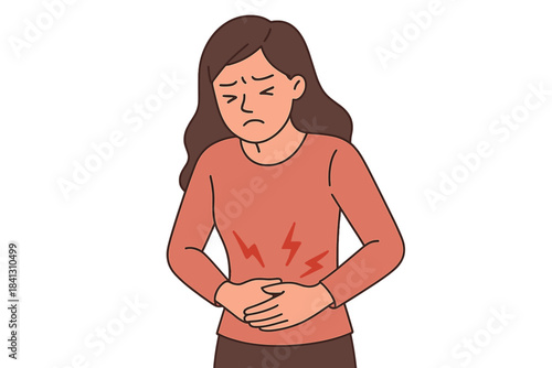 Young woman suffering from severe abdominal pain or stomach ache holding her belly