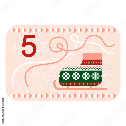 Red, green and pink Norwegian advent calendar illustration in flat vector style with celebrate symbol and ethnic ornament. Sledge