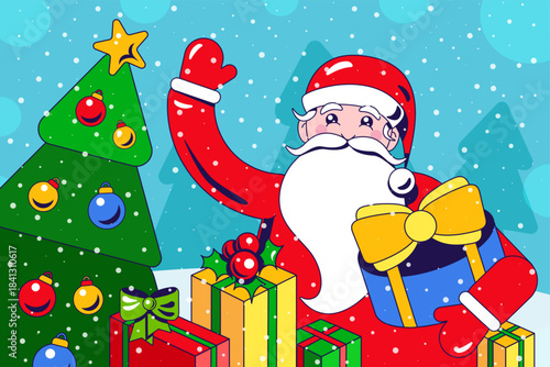 Bright Colors Santa Claus Character Illustration In Style Flat. New Year Mood. Christmas Tree and gifts