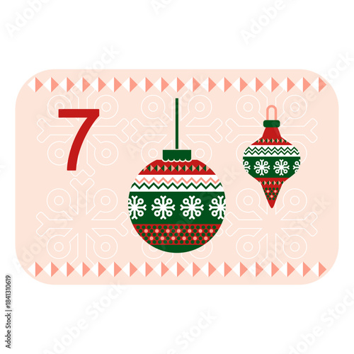Red, green and pink Norwegian advent calendar illustration in flat vector style with celebrate symbol and ethnic ornament. Tree toys