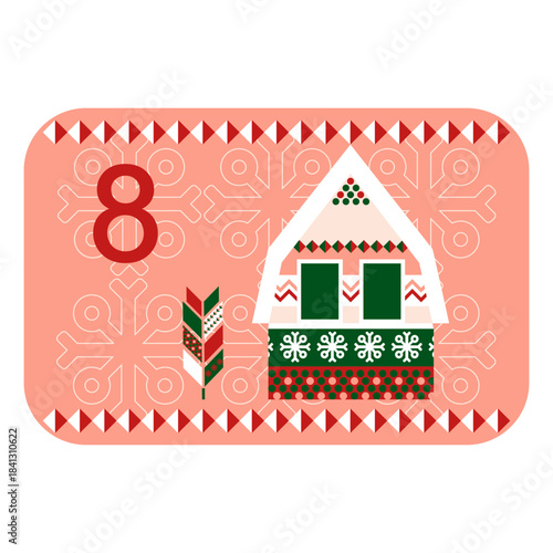 Red, green and pink Norwegian advent calendar illustration in flat vector style with celebrate symbol and ethnic ornament. Gingerbread house