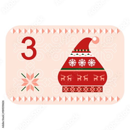 Red, green and pink Norwegian advent calendar illustration in flat vector style with celebrate symbol and ethnic ornament. Hat