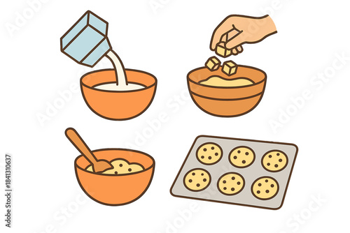 Sequence of preparing homemade cookies pouring milk adding butter mixing dough and arranging on tray