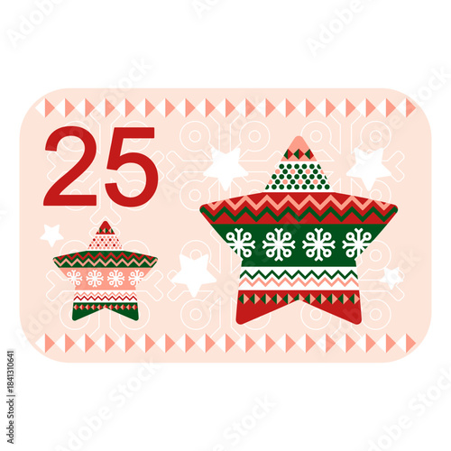 Red, green and pink Norwegian advent calendar illustration in flat vector style with celebrate symbol and ethnic ornament. Stars