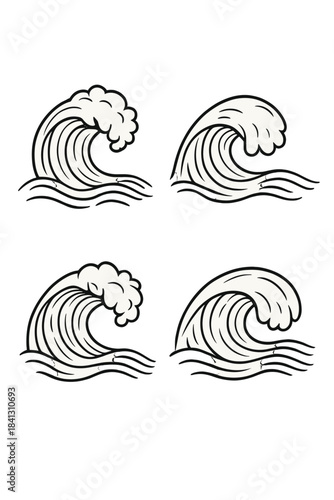 Stylized ocean waves in traditional Japanese art style with foam and water lines
