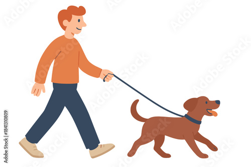 Smiling young man walking his happy brown dog on a leash during an outdoor stroll