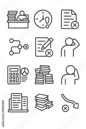 Common business problems represented by outline symbols: stress, deadlines, and rejection