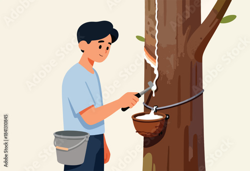 Person harvests latex from a tree into a bucket with a tool