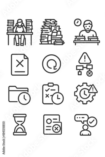 Outline symbols representing time management, work stress, heavy workload, deadlines, and task status