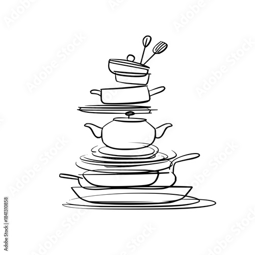 Kitchenware stack illustration with dishes and cookware in a minimalist style black outline drawing design of utensils.