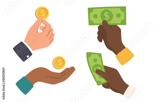 Diverse hands exchanging dollar banknotes and gold coins during financial transactions