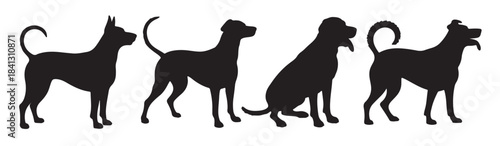 four black dog silhouettes standing and sitting white