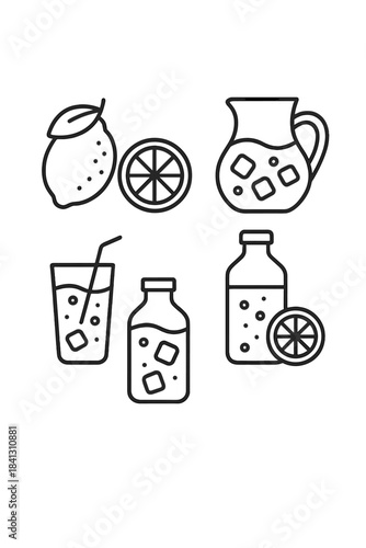 Black and white line art set of lemonade drinks, citrus fruit, pitcher, glass, and bottles