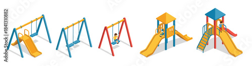 colorful isometric playground with swings and slides
