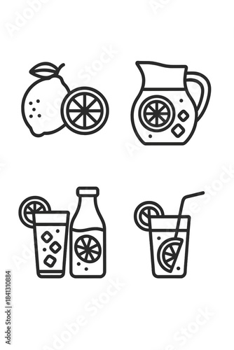 Collection of refreshing citrus drink icons: lemonade pitcher, glass, bottle, and fruit slices
