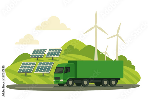 Eco-friendly transport truck moving through a landscape powered by solar energy and wind power