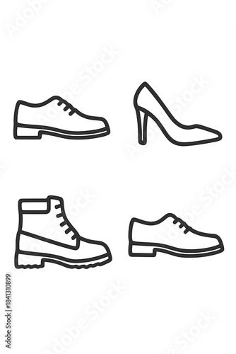 Collection of various footwear styles including high heels, dress shoes, and work boots