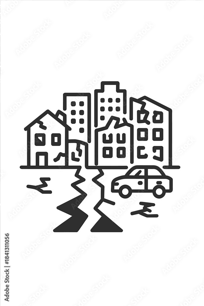 Obraz premium Severe earthquake damage to urban buildings and infrastructure with a deep ground fissure