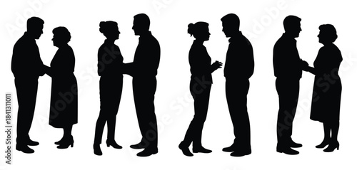  four black silhouette couples standing and facing each other 