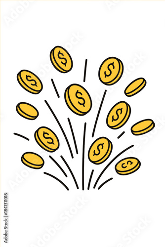 Dynamic explosion of golden dollar coins symbolizing sudden financial success and wealth accumulation