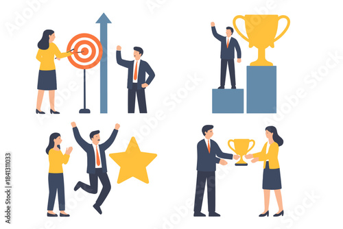 Business professionals celebrating success and achievement, winning trophies and reaching goals