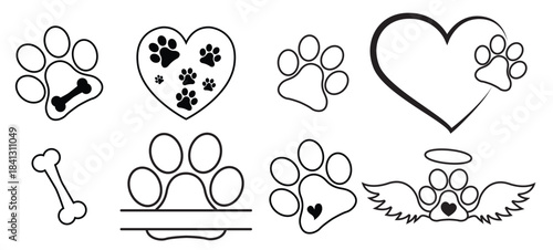 heart paw icon vector set dog paw illustration sign 