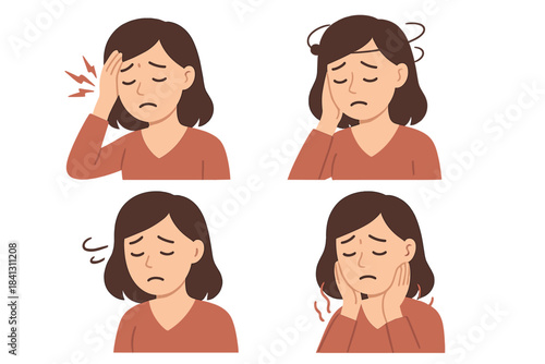 Woman suffering from severe headache, dizziness, fatigue, and jaw pain